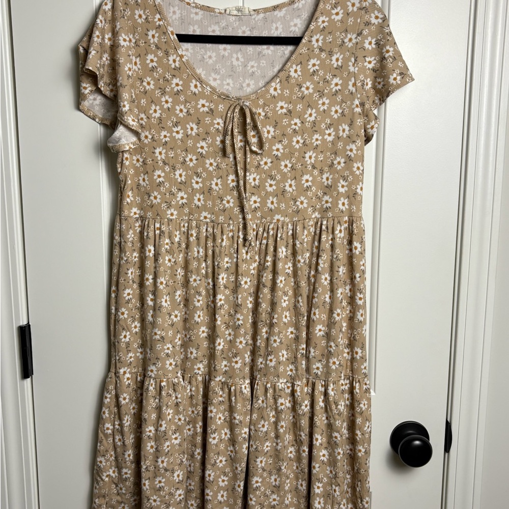 See You Monday Beige Floral Tiered Dress